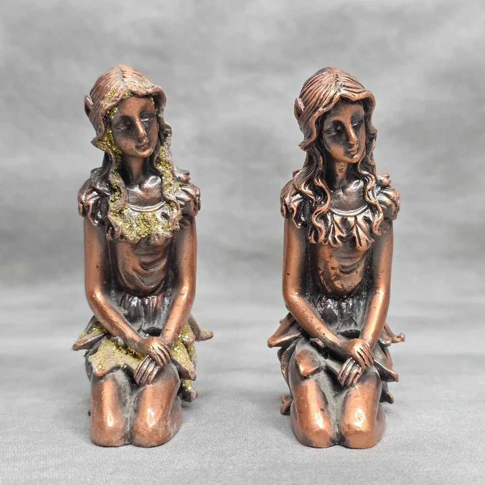 (X2) Pixie Fairy Figurines Copper Kneeling Girl Glitter‎ Home Decor Vintage